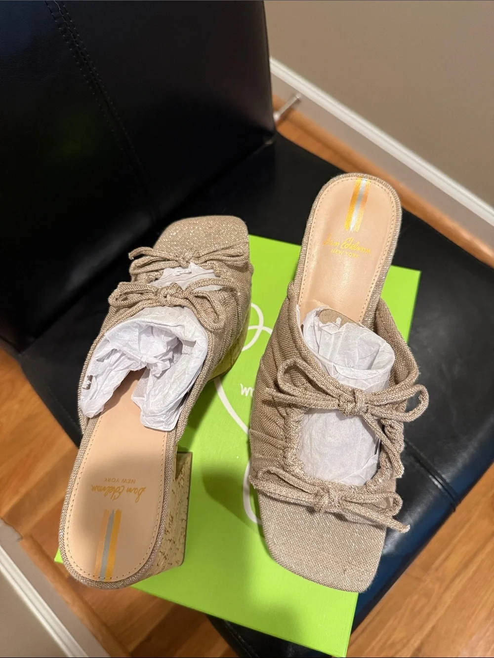 Sam Edelman Natural Beige Ruched Platform Mules with Cork Heel 8.5